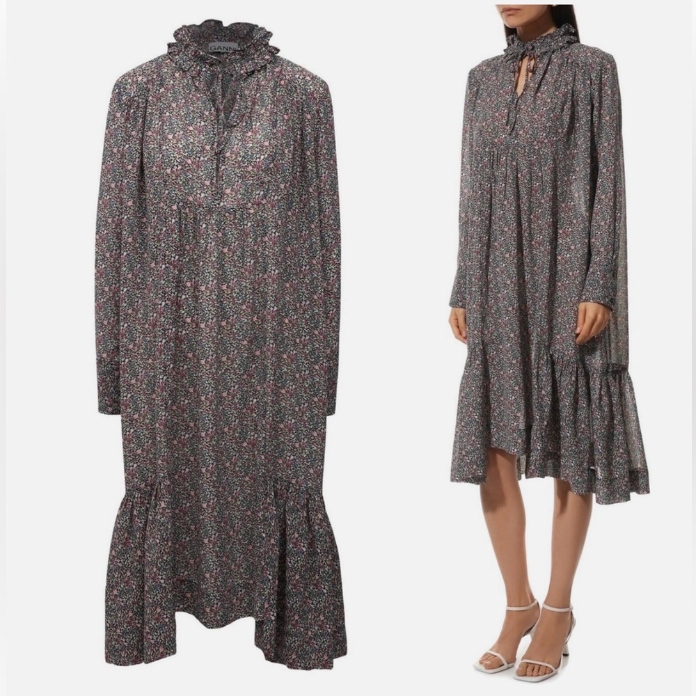 GANNI Women’s Ruffled Crepe Floral Print Midi Dress Size 44 / US 14